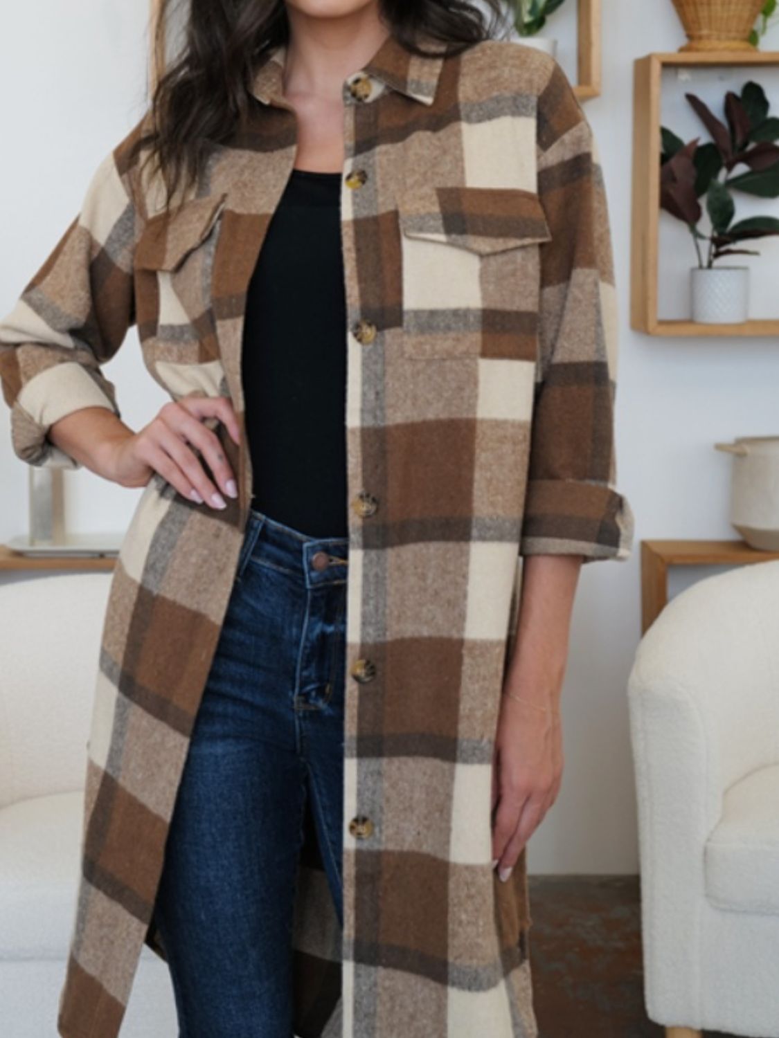 FAM-FAM Plaid Collared Neck Long Sleeve Longline Jacket-Angel Casuals