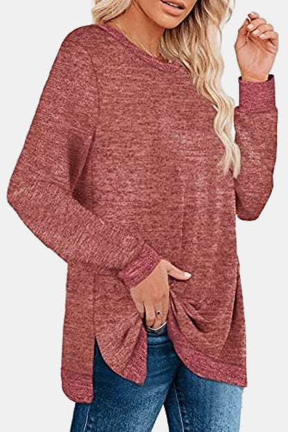 Round Neck Long Sleeve Slit T-Shirt-Angel Casuals