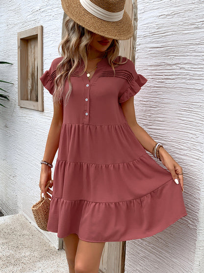 Tiered Notched Flounce Sleeve Mini Dress-Angel Casuals