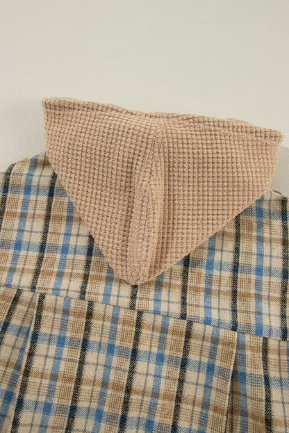 Drawstring Waffle Knit Patchwork Hooded Plaid Shacket-Angel Casuals
