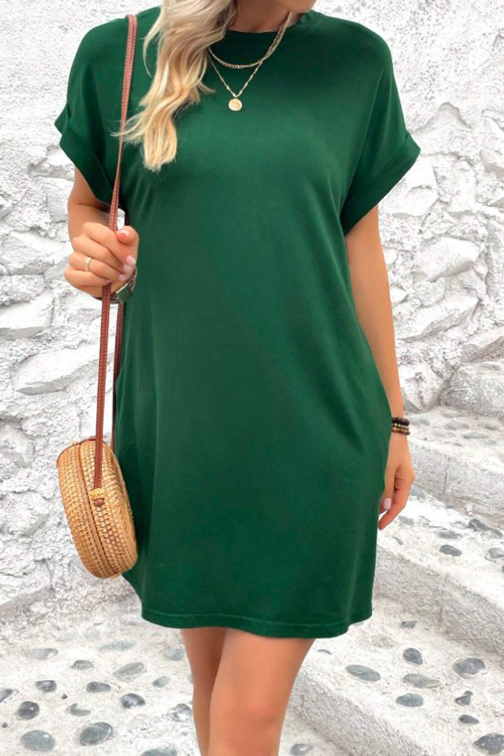 Pocketed Round Neck Short Sleeve Dress-Angel Casuals