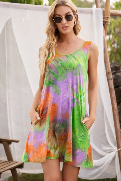 Tie-Dye Sleeveless Dress with Pockets-Angel Casuals