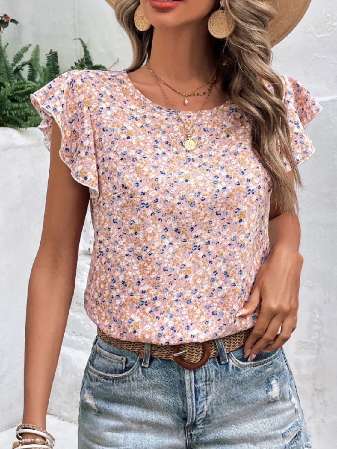Ditsy Floral Round Neck Cap Sleeve Top-Angel Casuals