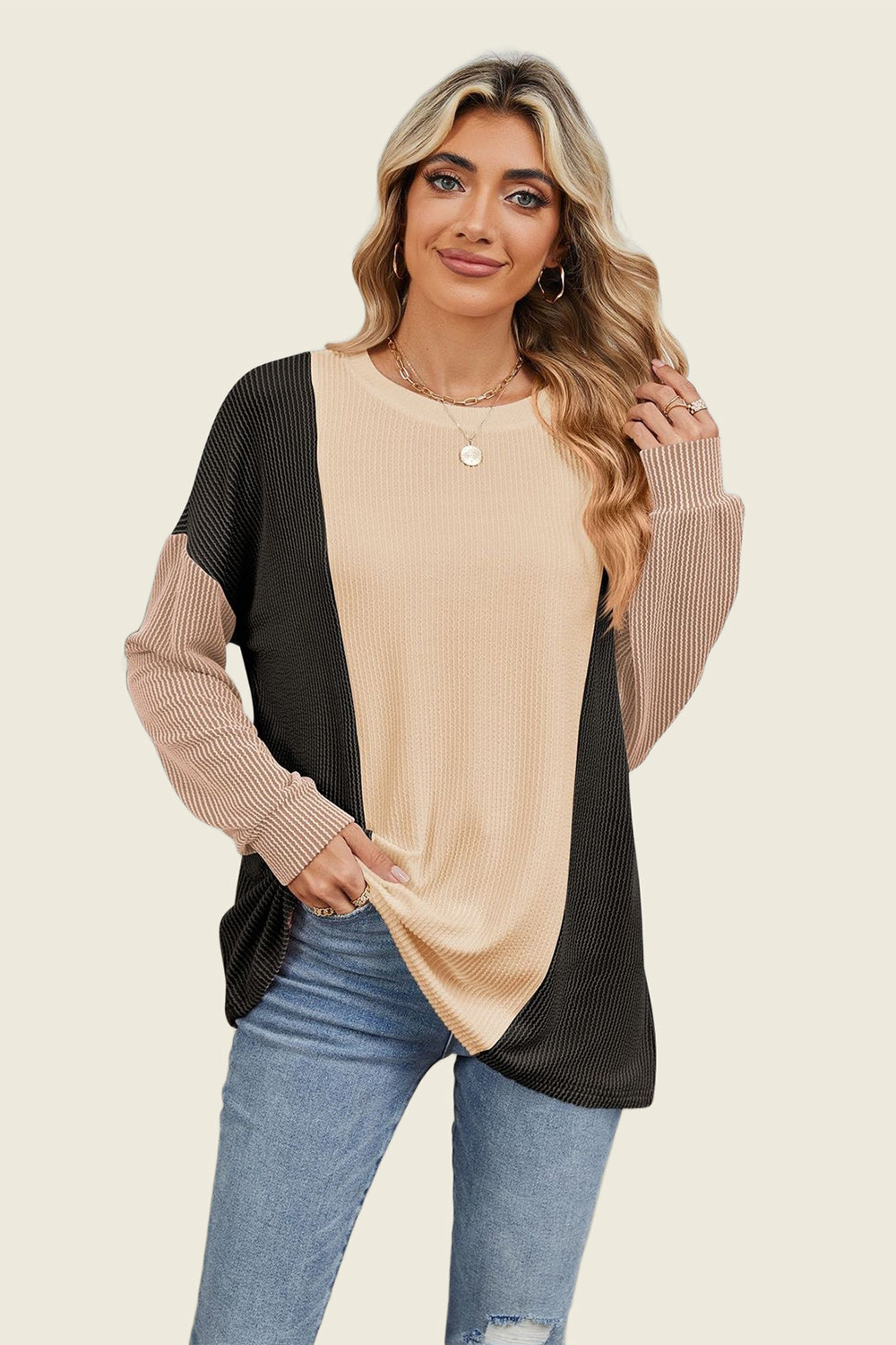 Double Take Texture Contrast Round Neck Long Sleeve T-Shirt-Angel Casuals