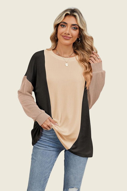 Double Take Texture Contrast Round Neck Long Sleeve T-Shirt-Angel Casuals