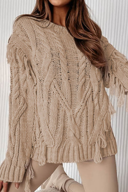 Cable-Knit Fringe Round Neck Sweater-Angel Casuals