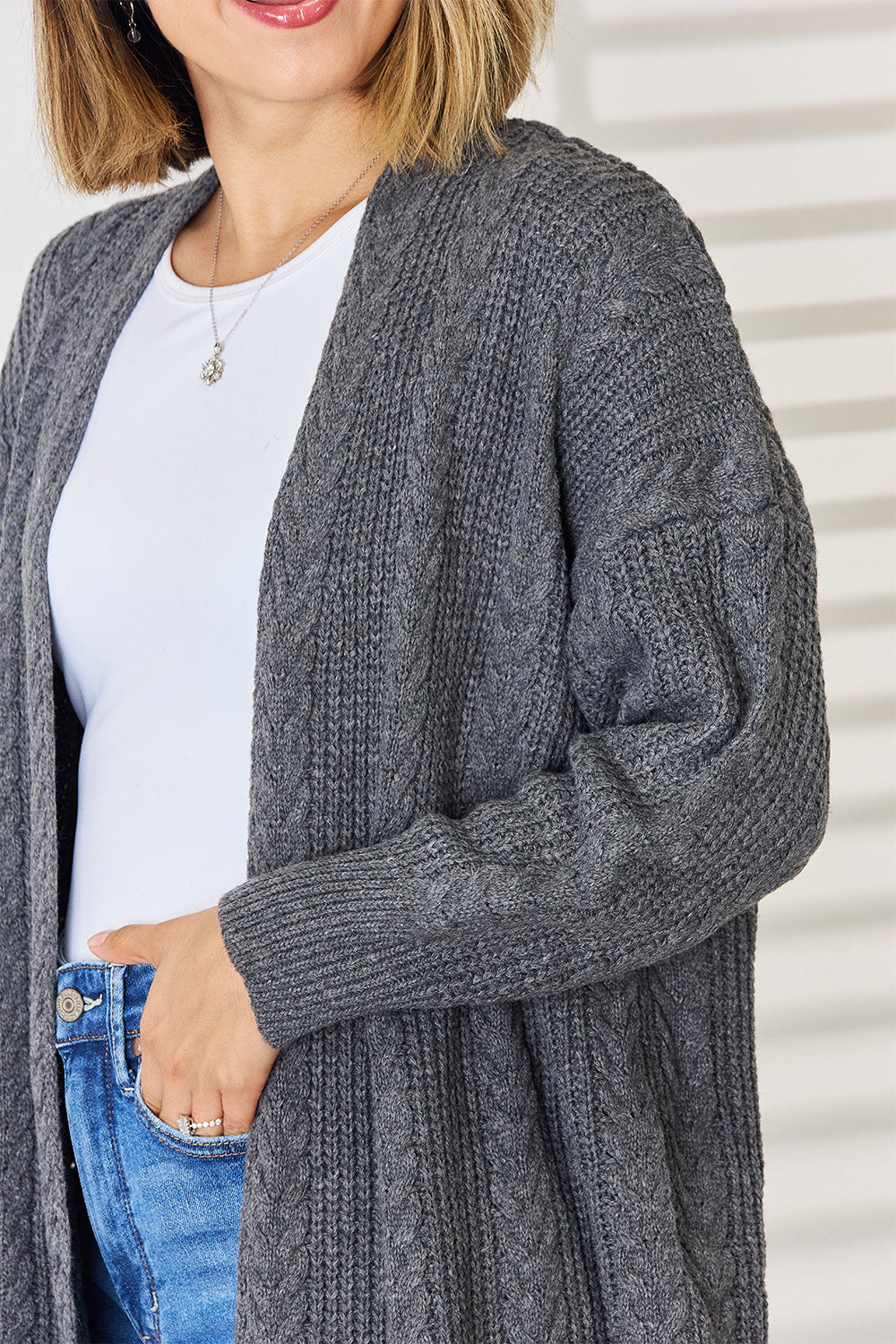 Cable-Knit Open Front Dropped Shoulder Cardigan-Angel Casuals