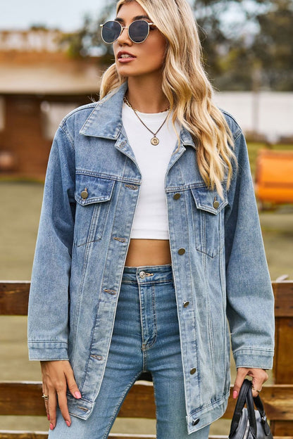 Buttoned Collared Neck Denim Jacket with Pockets-Angel Casuals