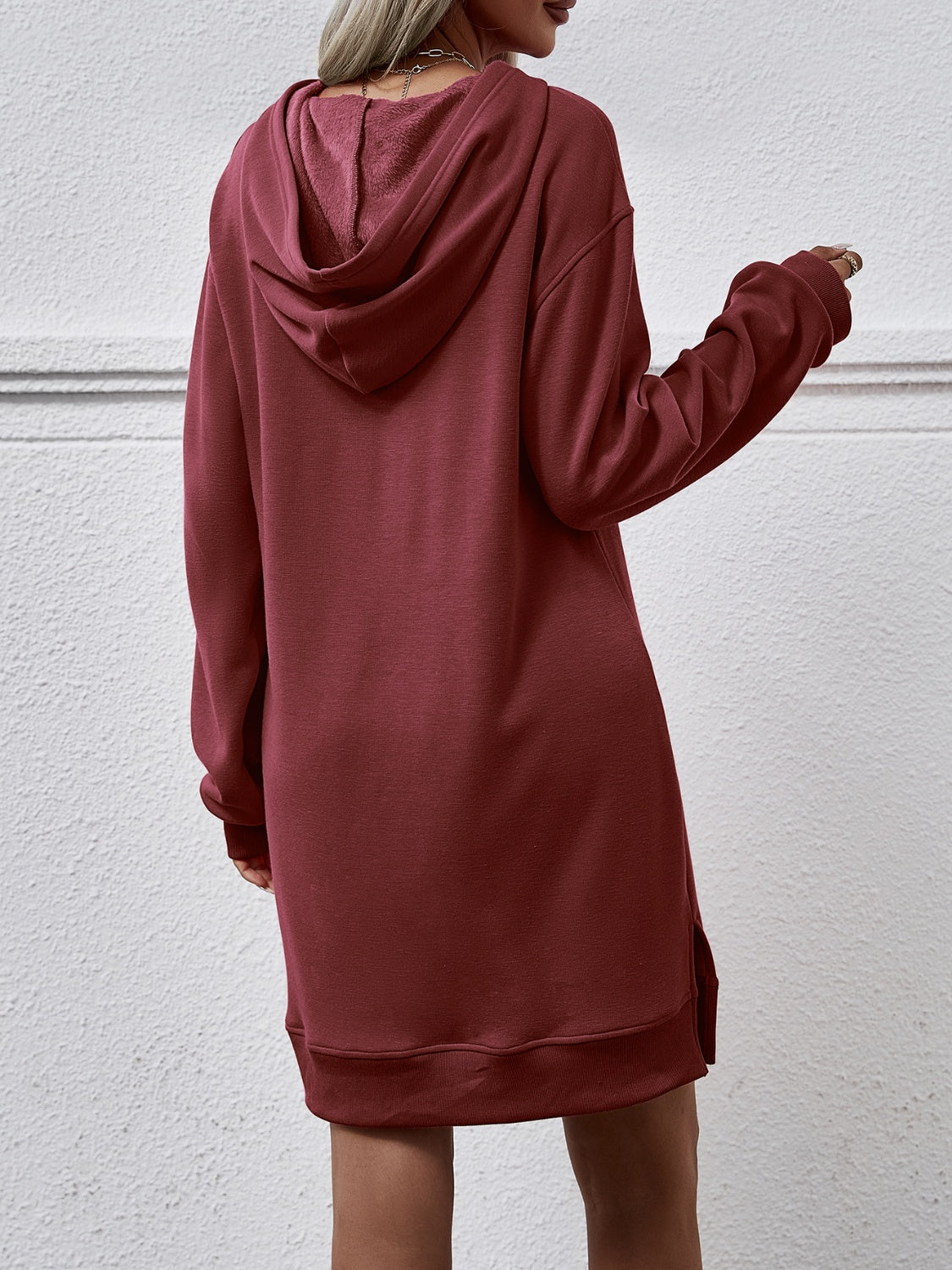 Slit Long Sleeve Hooded Dress with Pocket-Angel Casuals