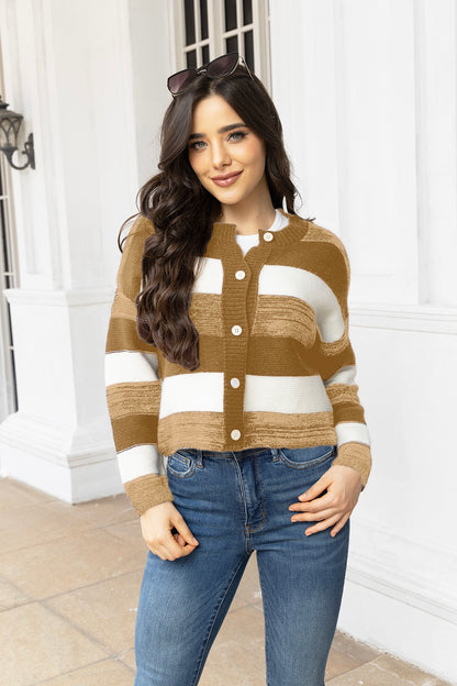 Striped Button Up Long Sleeve Cardigan-Angel Casuals