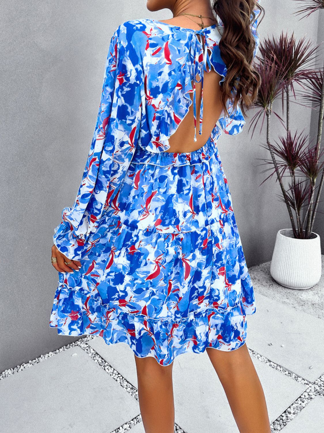 Backless Printed V-Neck Flounce Sleeve Dress-Angel Casuals