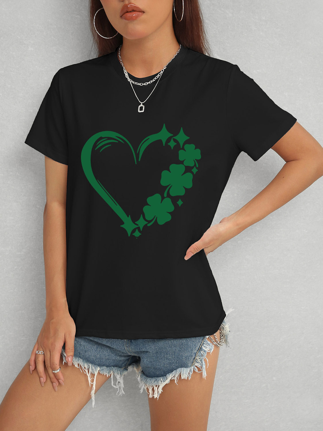 Heart Lucky Clover Round Neck Short Sleeve T-Shirt-Angel Casuals