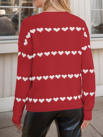 Heart Round Neck Long Sleeve Sweater-Angel Casuals