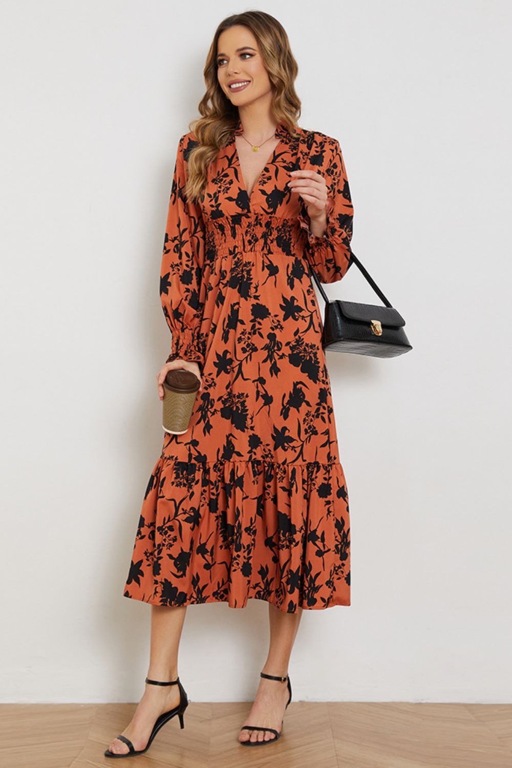 Floral Smocked Long Flounce Sleeve Dress-Angel Casuals