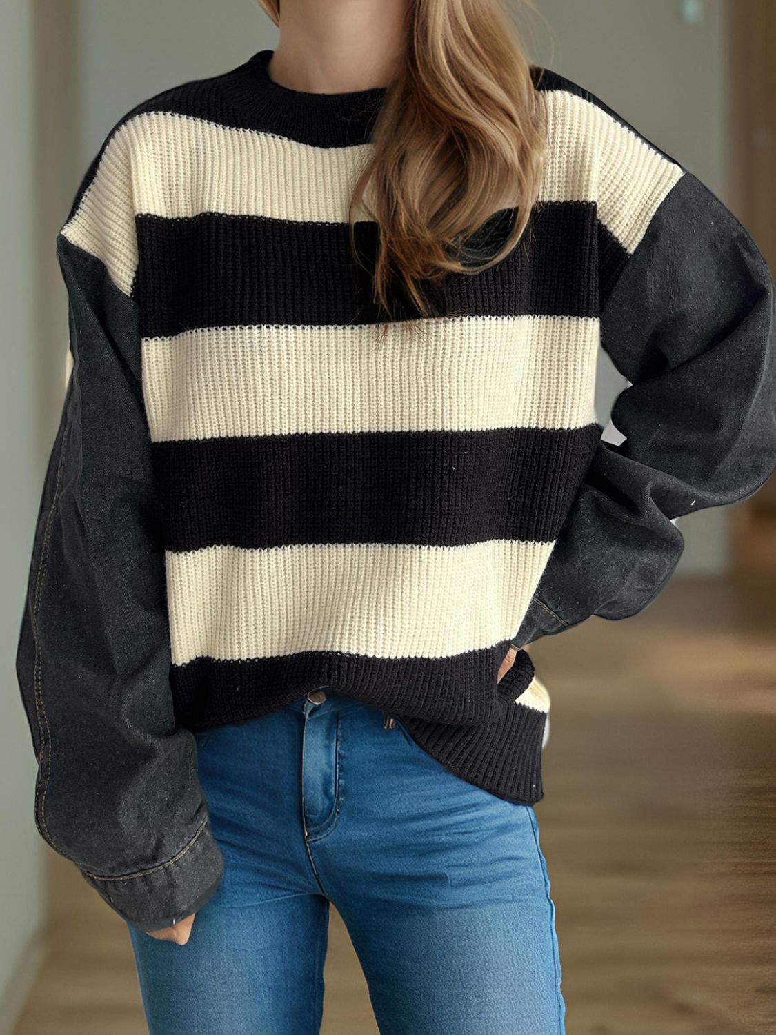 Contrast Round Neck Long Sleeve Sweater-Angel Casuals