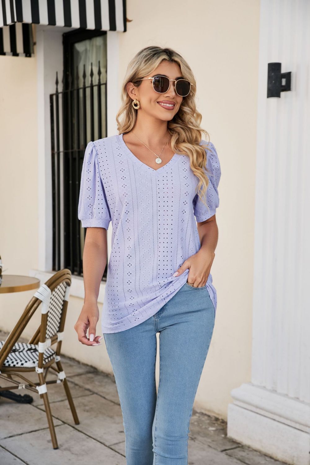 Eyelet Puff Sleeve V-Neck Top-Angel Casuals