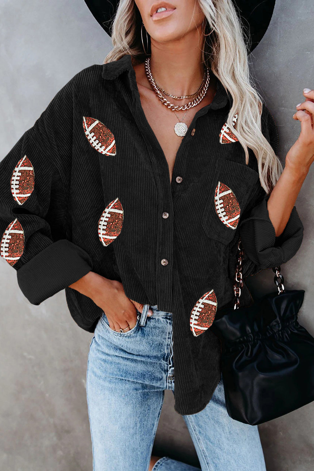 Sequin Football Button Up Long Sleeve Jacket-Angel Casuals