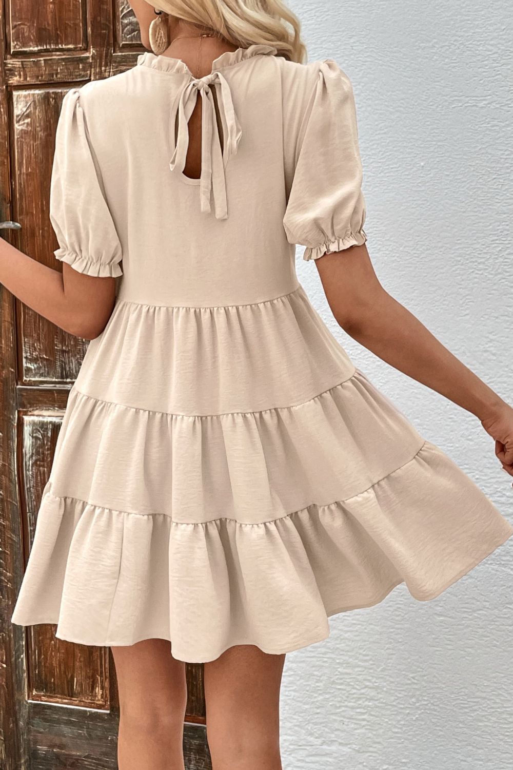 Puff Sleeve Tie Back Tiered Dress-Angel Casuals