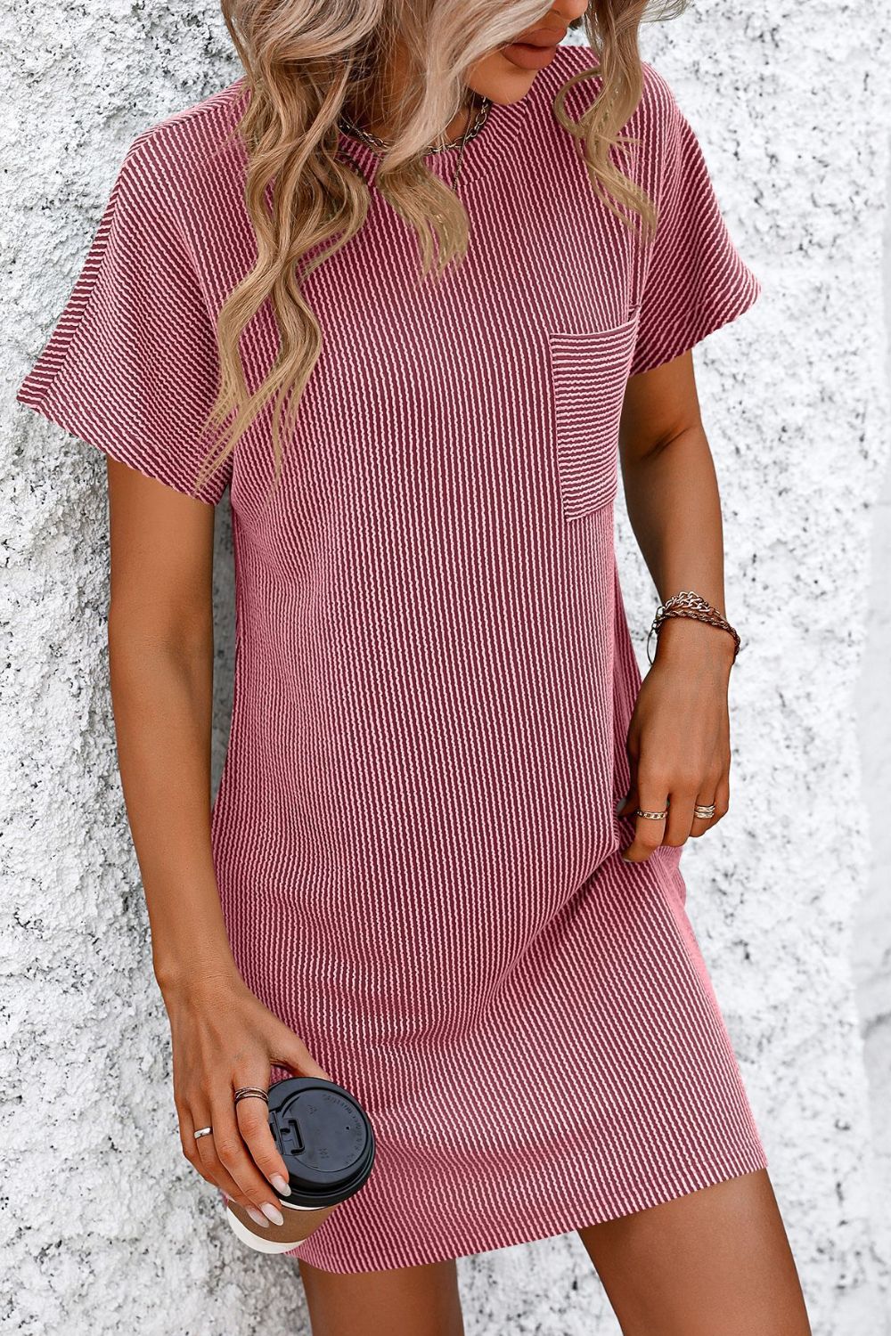 Ribbed Striped Short Sleeve Mini Tee Dress-Angel Casuals