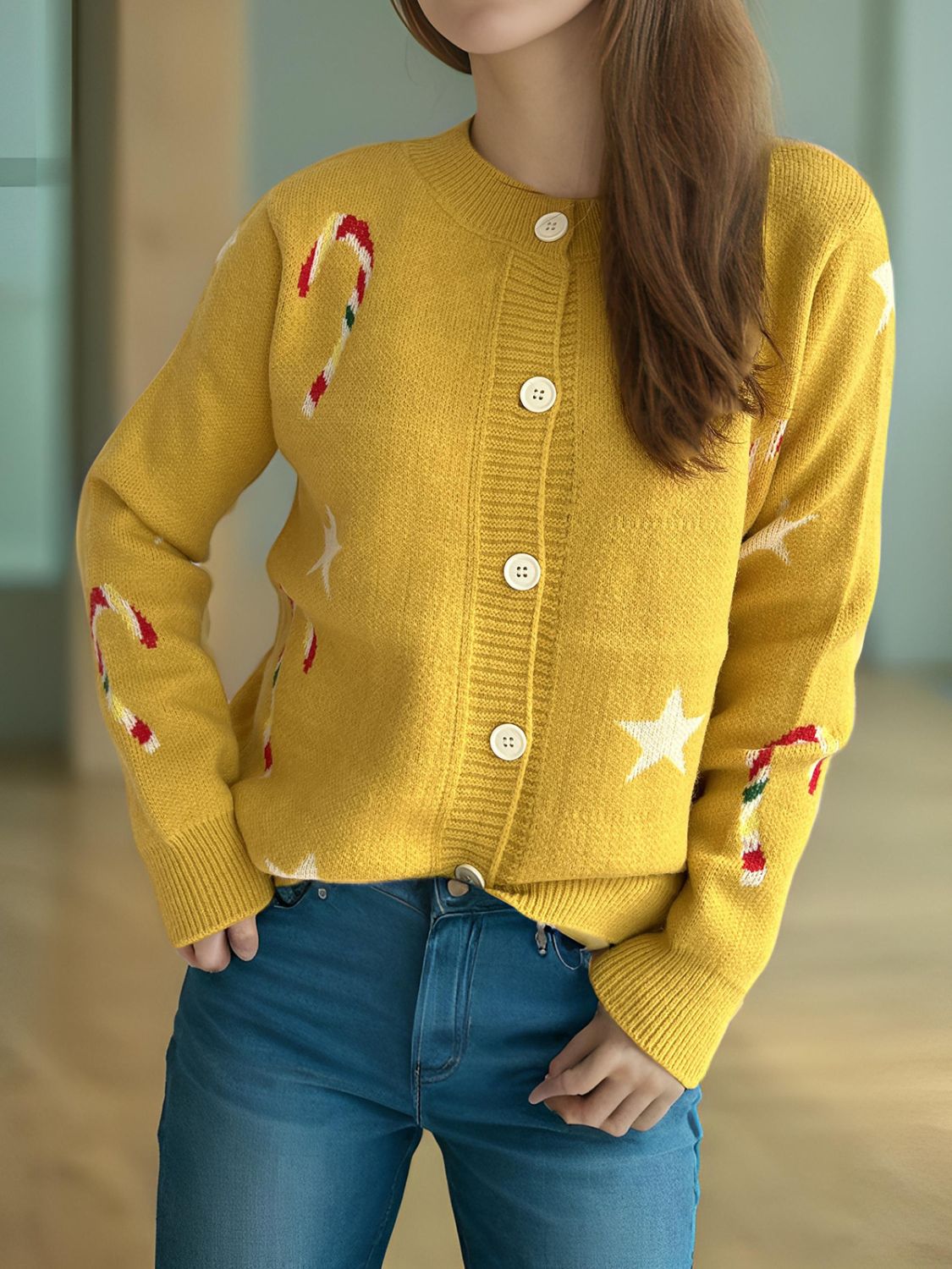 Candy Cane & Star Button Down Long Sleeve Cardigan-Angel Casuals