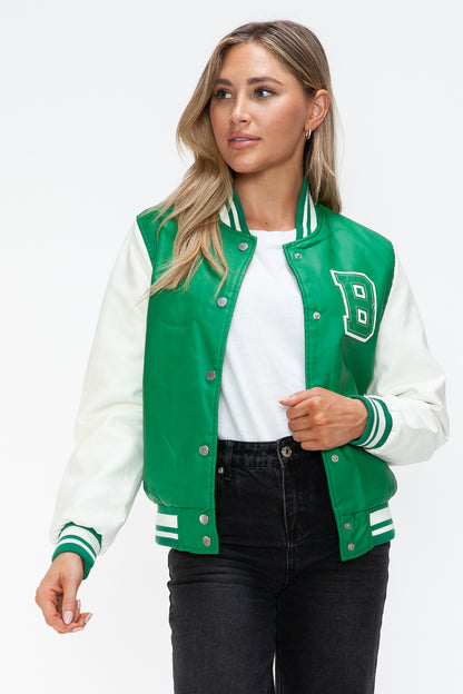 Love Me Now PU Leather Contrast Snap Down Bomber Jacket-Angel Casuals