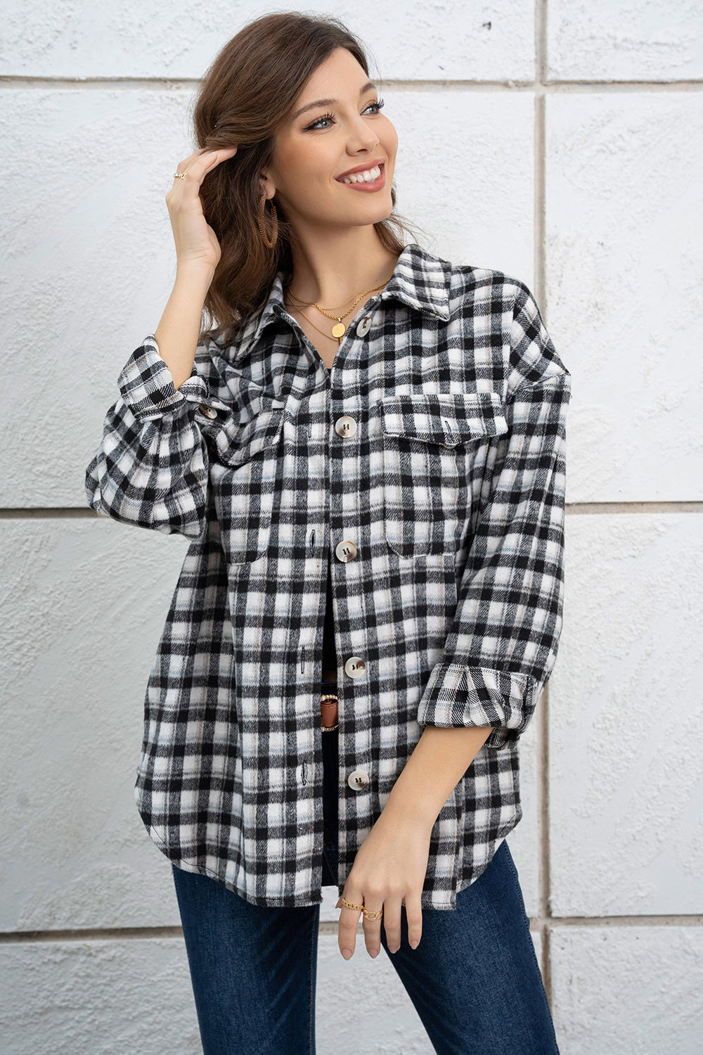 Plaid Dropped Shoulder Shirt Jacket-Angel Casuals