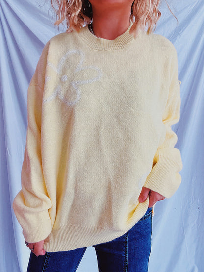 Flower Round Neck Long Sleeve Sweater-Angel Casuals