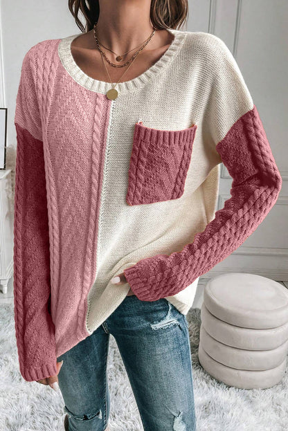 Color Block Round Neck Long Sleeve Sweater-Angel Casuals