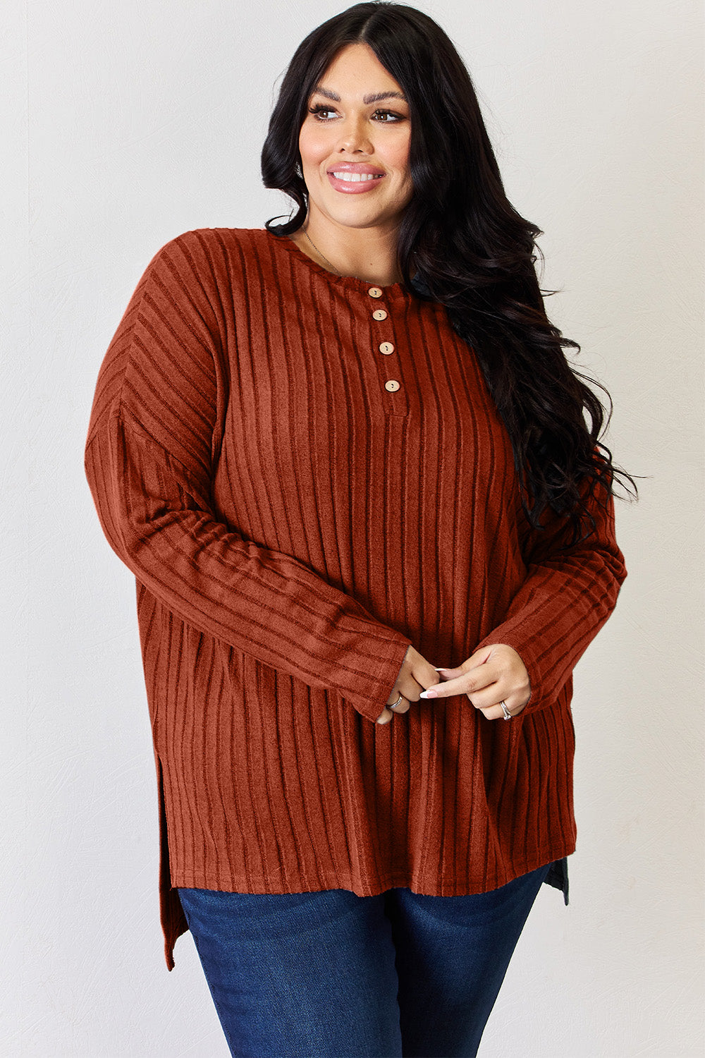 Basic Bae Full Size Ribbed Half Button Long Sleeve High-Low T-Shirt-Angel Casuals