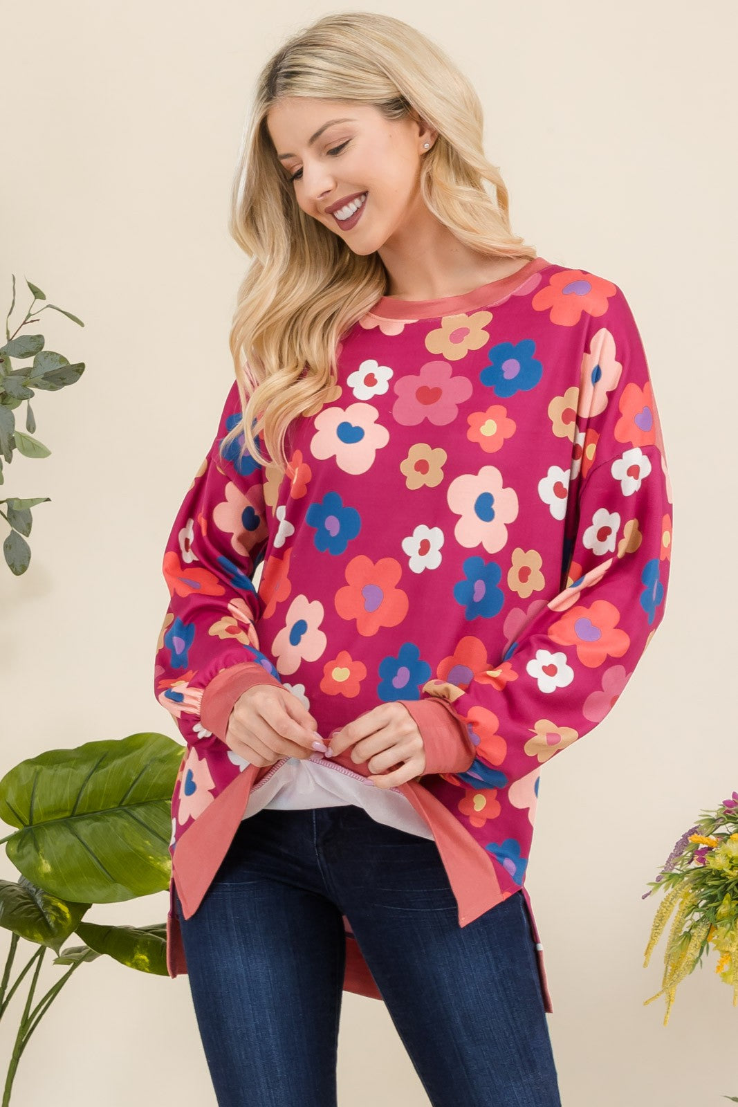 Celeste Full Size Side Slit Flower Print Long Sleeve Top-Angel Casuals