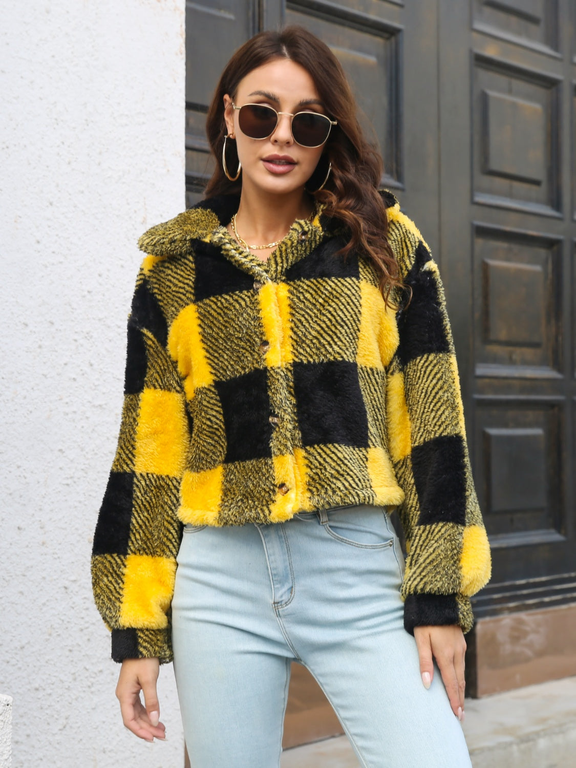 Plaid Dropped Shoulder Buttoned Jacket-Angel Casuals