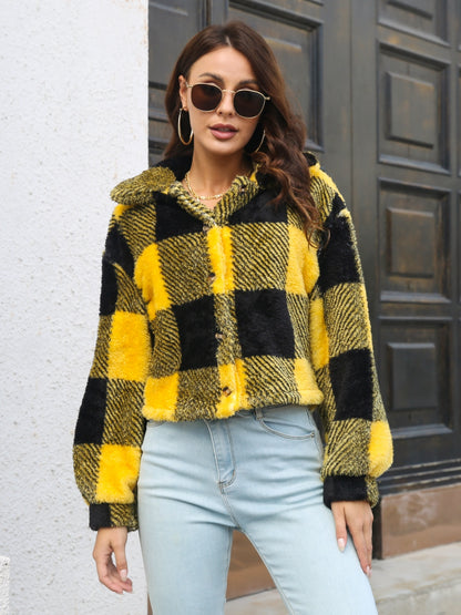 Plaid Dropped Shoulder Buttoned Jacket-Angel Casuals
