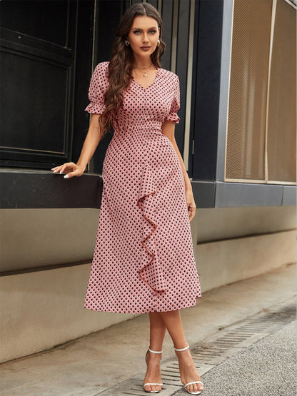 Printed V-Neck Flounce Sleeve Midi Dress-Angel Casuals