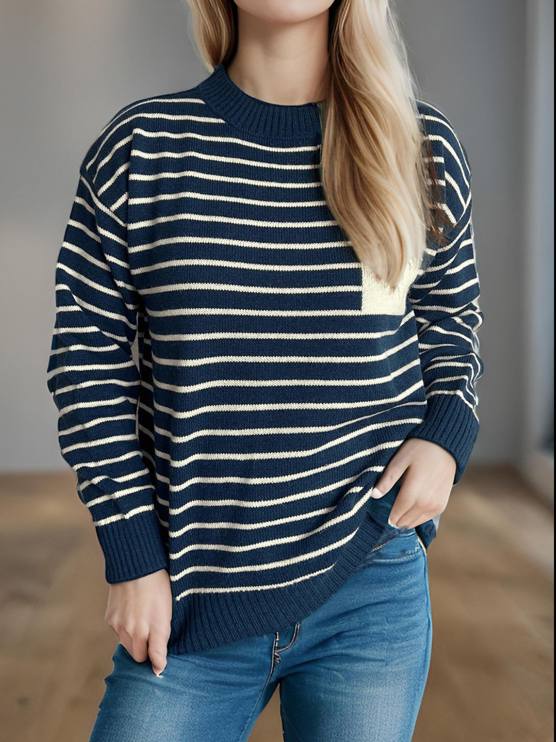 Striped Mock Neck Long Sleeve Sweater-Angel Casuals