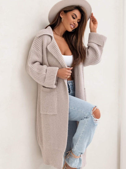 Pocketed Collared Neck Dropped Shoulder Cardigan-Angel Casuals