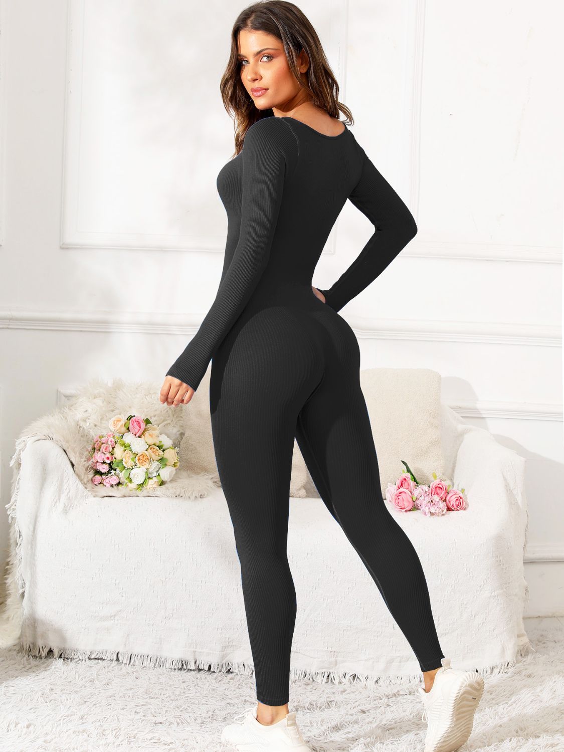 Scoop Neck Long Sleeve Active Jumpsuit-Angel Casuals