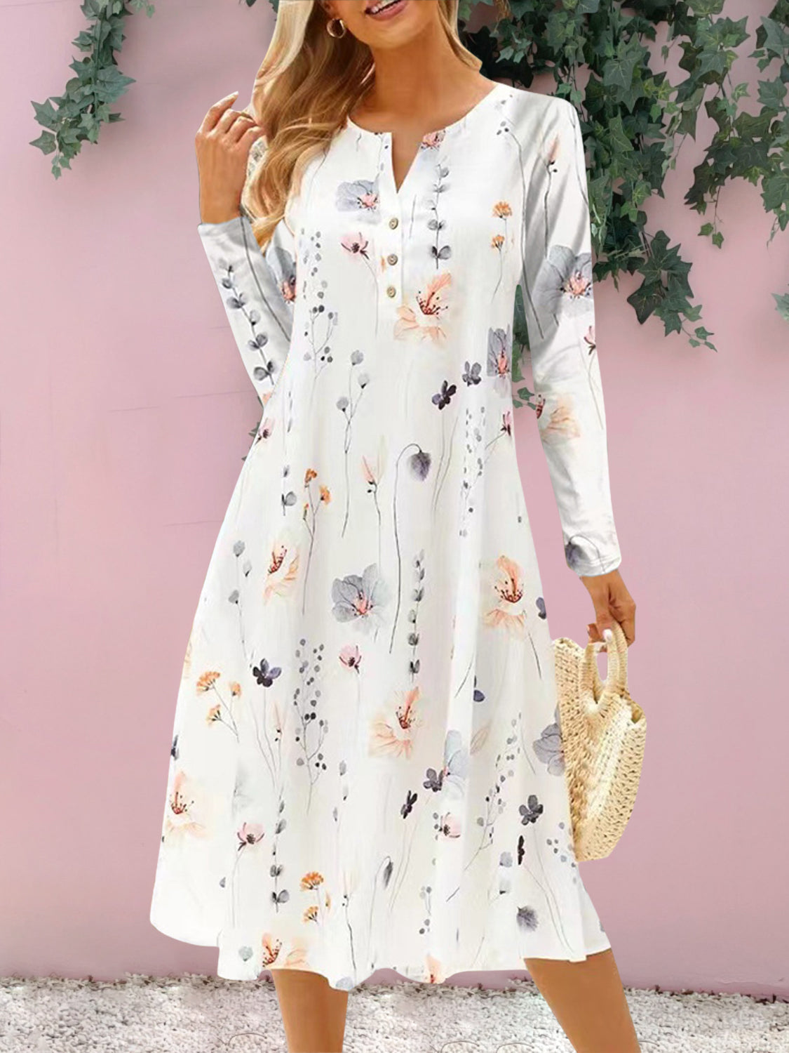 Floral Notched Long Sleeve Midi Dress-Angel Casuals