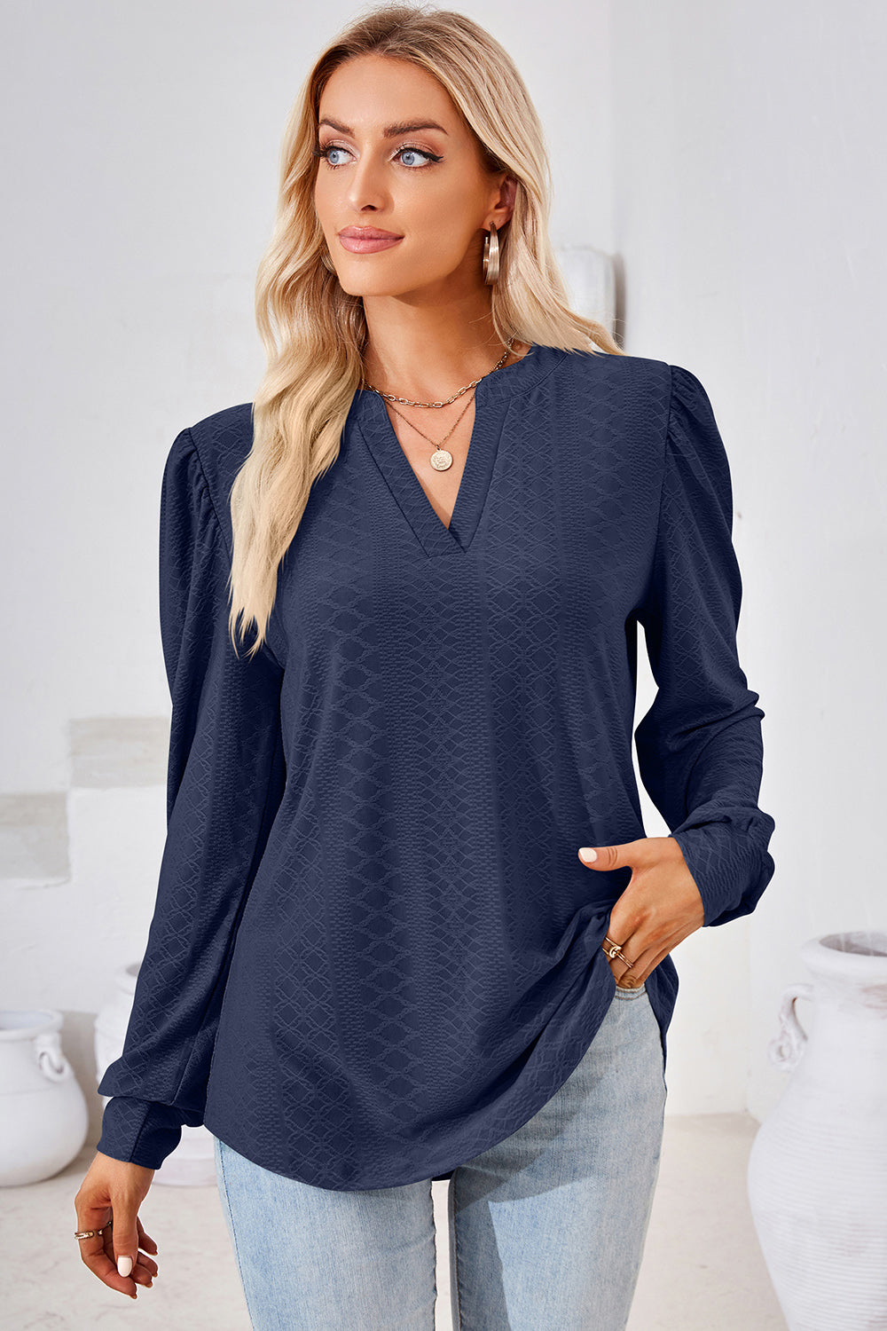 Ruched Notched Long Sleeve T-Shirt-Angel Casuals