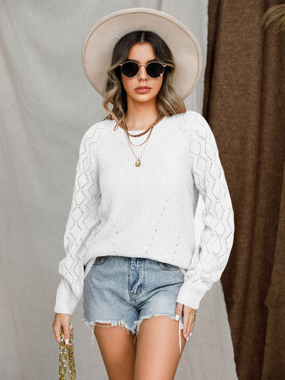 Openwork Round Neck Raglan Sleeve Sweater-Angel Casuals