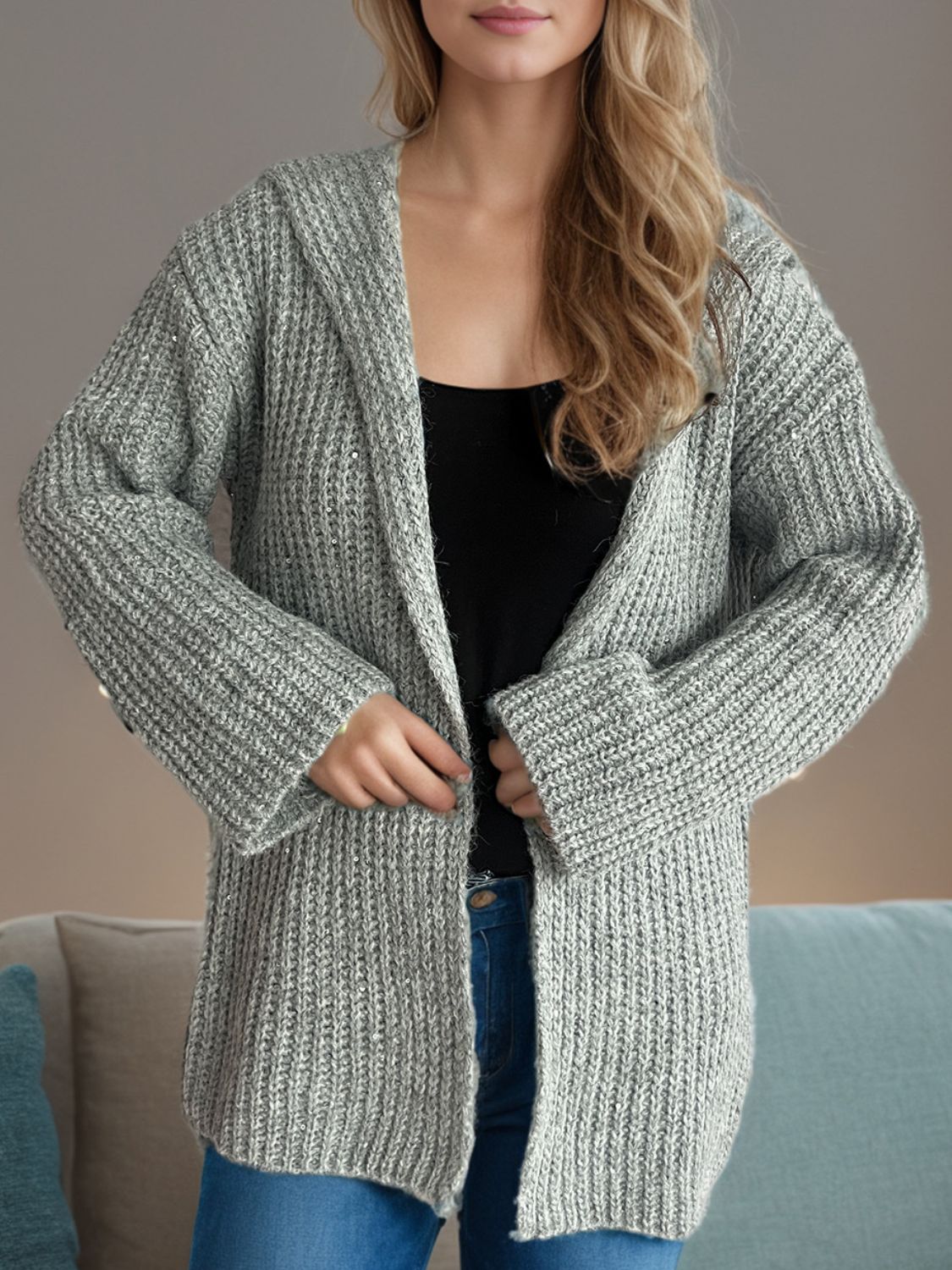 Sequin Detail Long Sleeve Hooded Cardigan-Angel Casuals