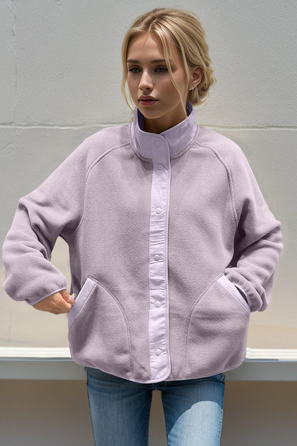 Double Take Snap Down Contrast Fleece Jacket with Pockets-Angel Casuals