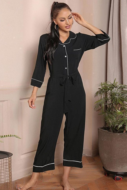 Contrast Belted Lapel Collar Jumpsuit-Angel Casuals