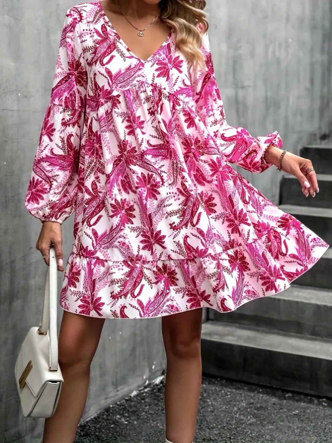 Floral V-Neck Balloon Sleeve Dress-Angel Casuals