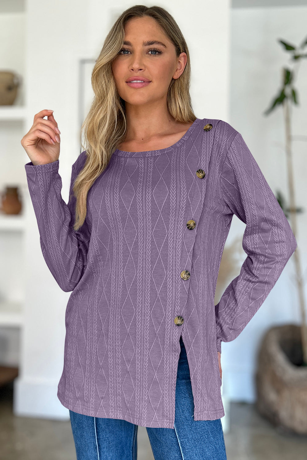 FAM-FAM Slit Round Neck Long Sleeve T-Shirt-Angel Casuals
