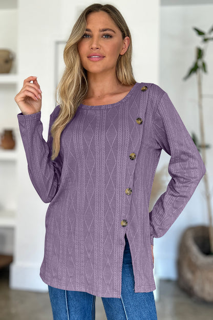 FAM-FAM Slit Round Neck Long Sleeve T-Shirt-Angel Casuals