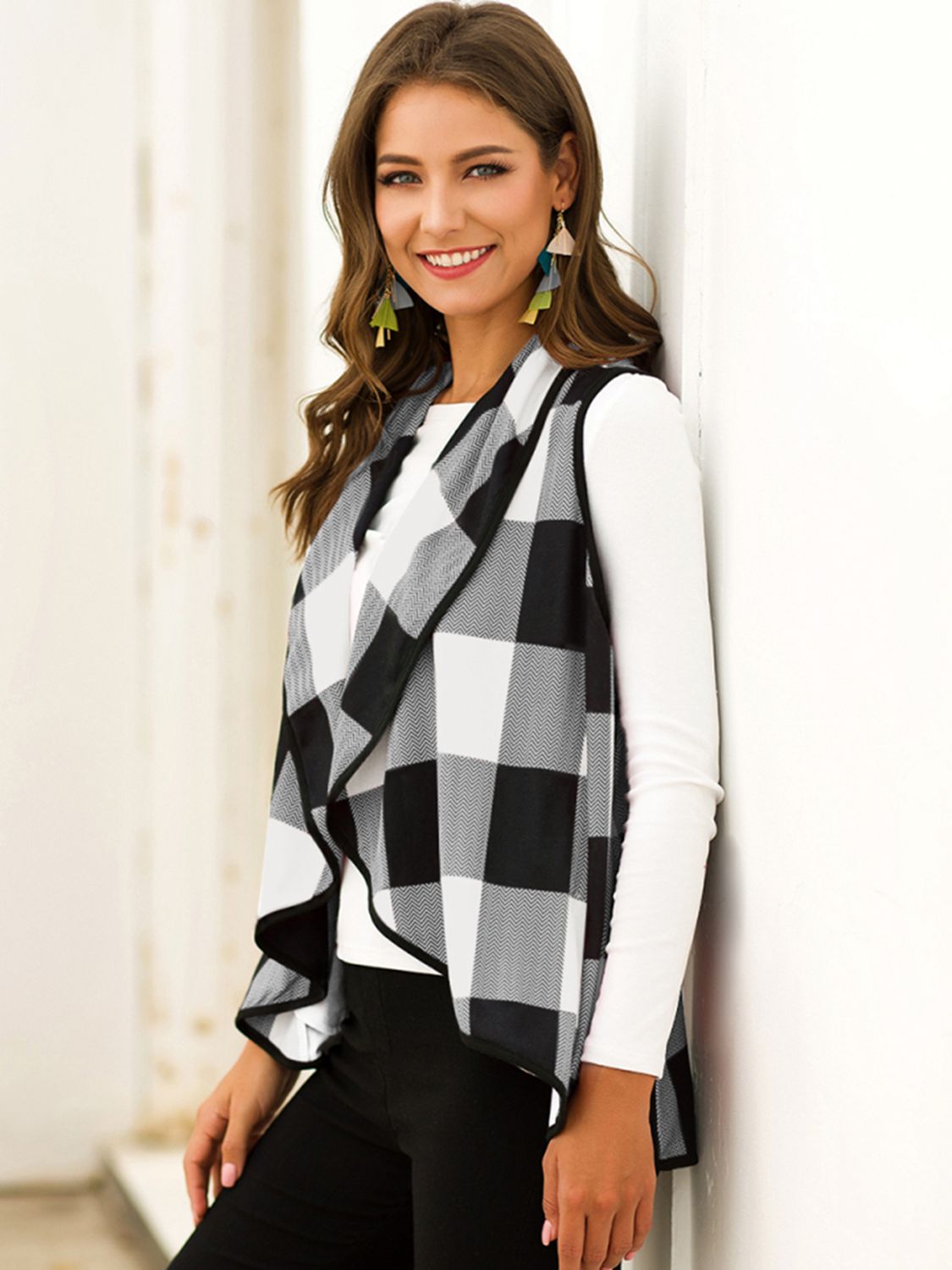 Plaid Open Front Sleeveless Cardigan-Angel Casuals