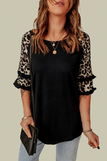 Leopard Contrast Ruffled Top-Angel Casuals