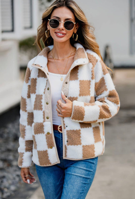Checkered Snap Down Long Sleeve Teddy Jacket-Angel Casuals