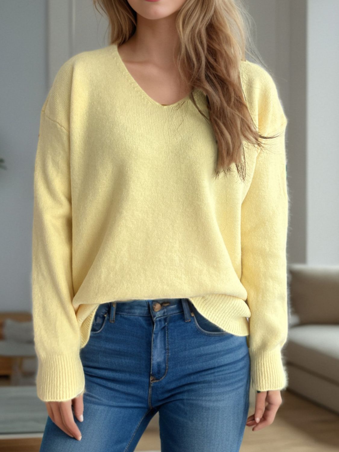 V-Neck Dropped Shoulder Long Sleeve Sweater-Angel Casuals