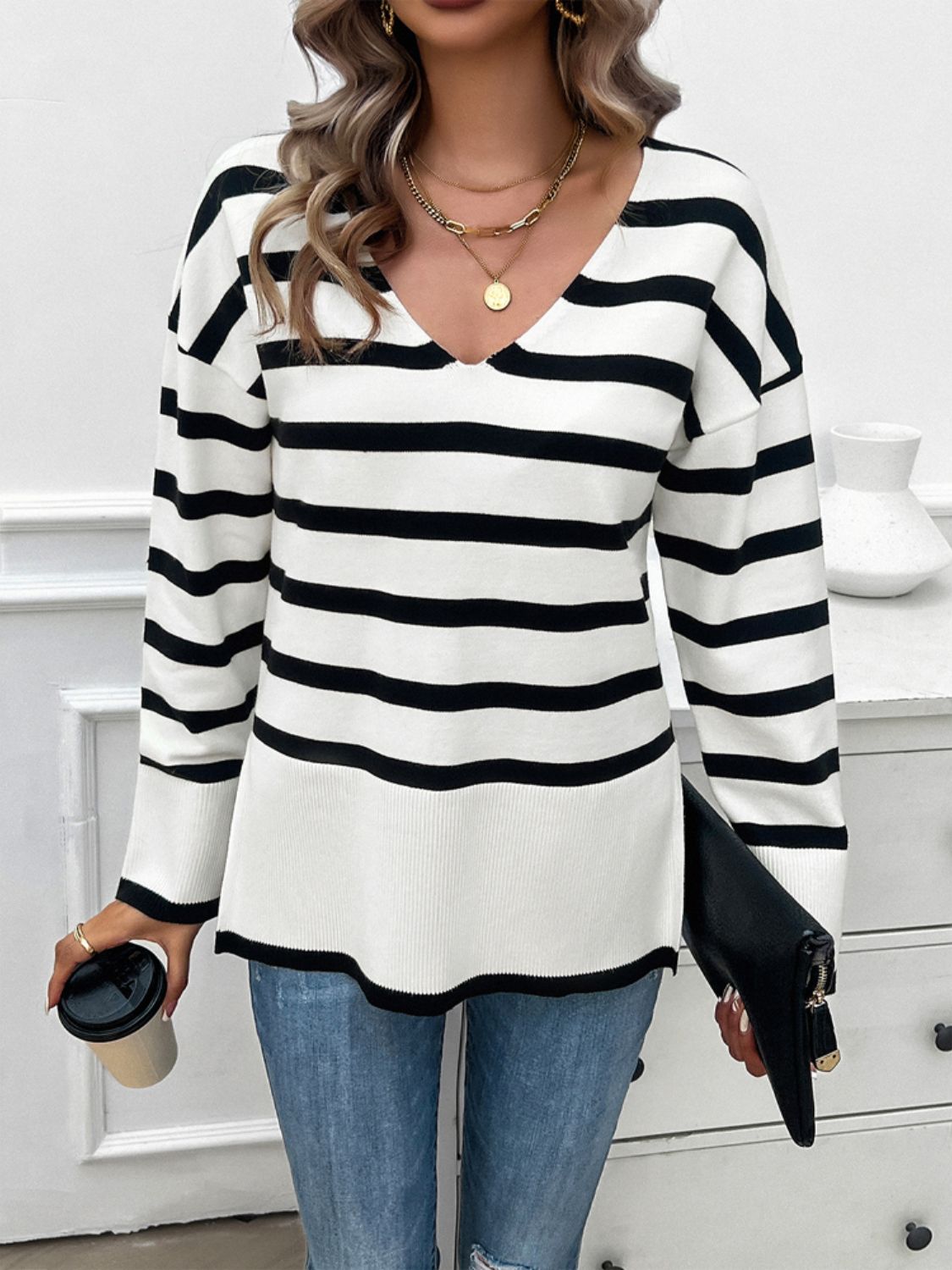 Devine Striped V-Neck Long Sleeve Knit Top-Angel Casuals